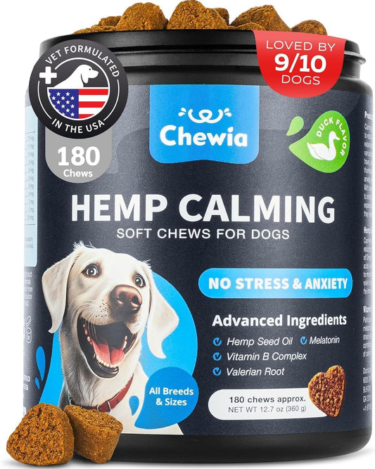 Hemp Calming Chews for Dogs Anxiety - Dog Calming Treats with Melatonin, Valerian Root, Chamomile Extract & Vitamin B Complex - Canine Chews for Vet Visits, Grooming, Travel, Thunderstorms, Fireworks