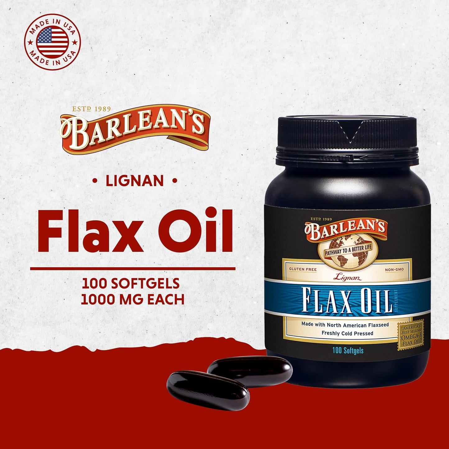 Barlean's Omega 3 6 9 Lignan Flaxseed Oil Supplements, Cold-Pressed Flax Seed Supplement Softgels with 1550 mg ALA Fatty Acids, 100 Count