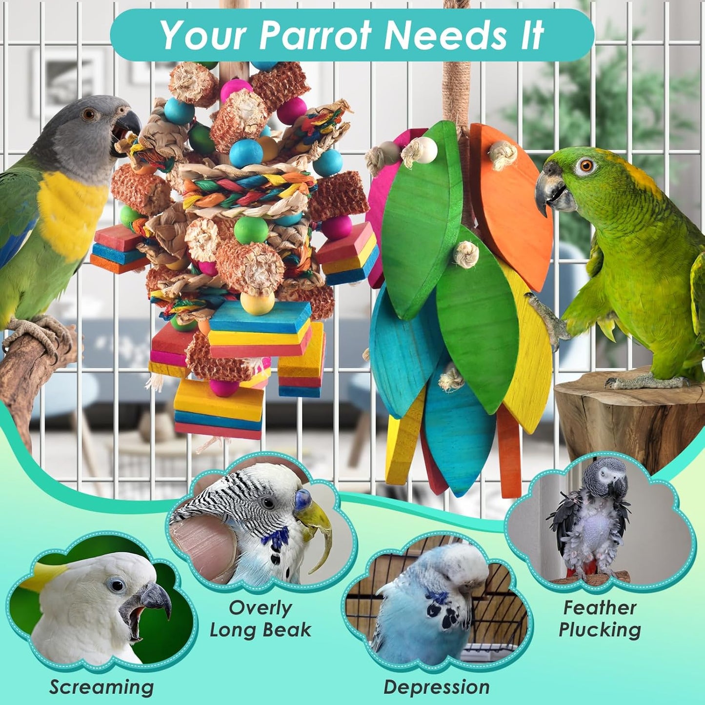 2 Pcs Large Bird Toys, Natural Corn Cob Parrot Chew Toy, Multicolored Leaf-Shaped Chewing Wood Blocks for Large and Medium-Sized Macaws, Cockatoos, Amazon Parrots, African Grey