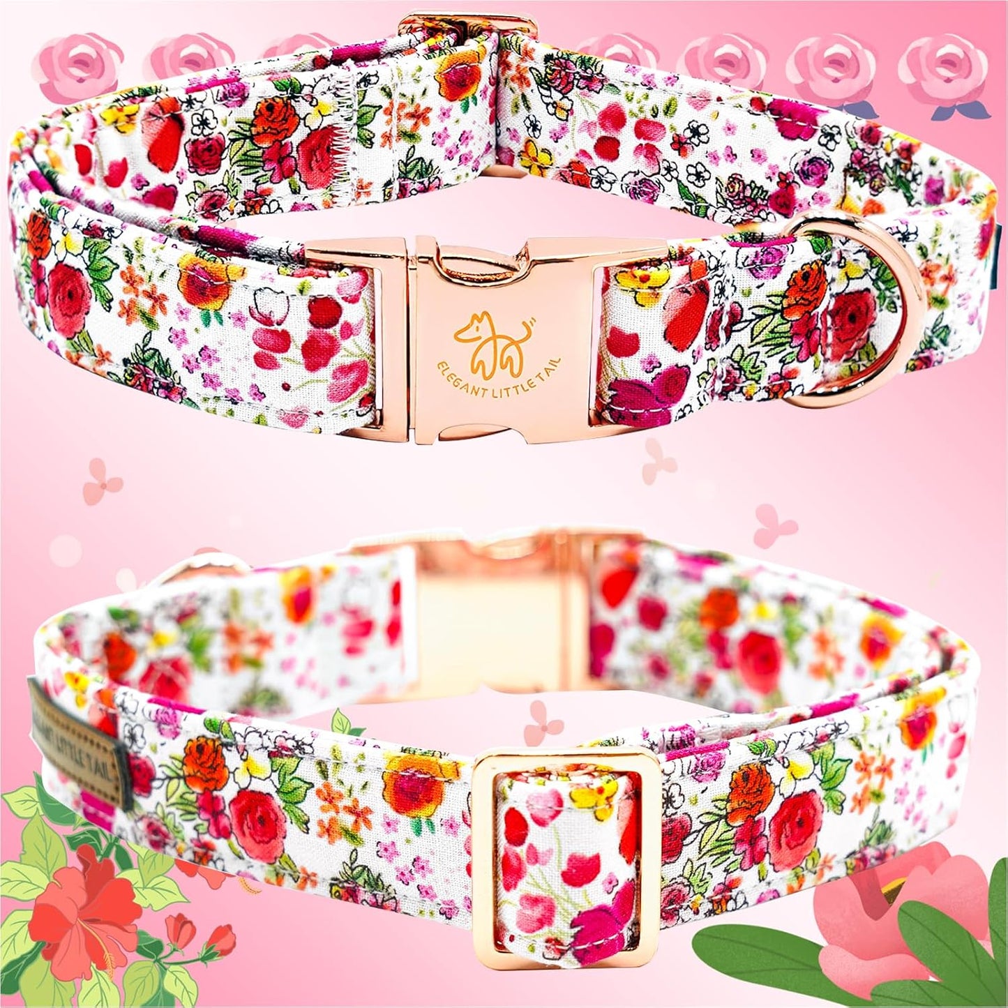 Elegant little tail Dog Collar, Pink Rose Print Pet Collar Summer Dog Collar Durable Metal Buckle Dog Collars Cotton Pet Adjustable Dog Collars for Large Dogs