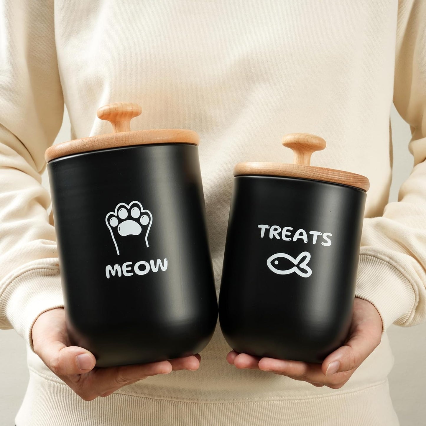 Cat Treat Container with Airtight Lid, Cat Food Oganizer Dry Food, Cat Food Storage Containers, Pet Treats Canister, Cat Treat Jar Set of 2-8.3x4.9 & 7.1x4.3 (Black)