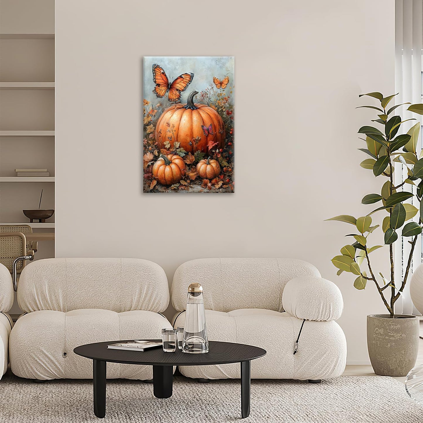 Fall Pumpkin Pictures Wall Art, Rustic Thanksgiving Bathroom Wall Decor, Farmhouse Autumn Butterfly Framed Painting Canvas Artwork for Harvest Gift Bedroom Living Room Decorations 24"L x 16"W