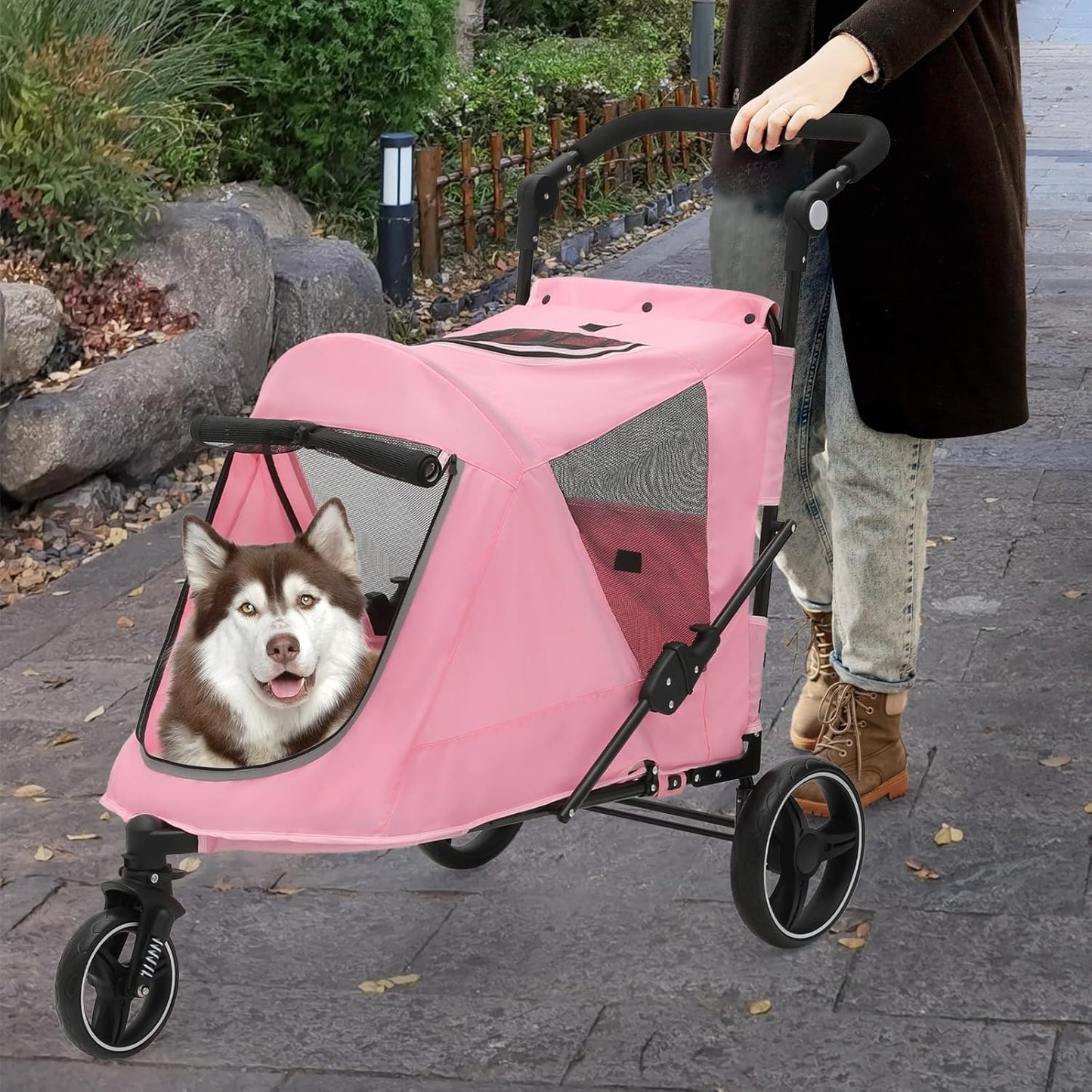 Athena Collection 3 Wheels Pet Stroller Fabric Dog Cart Dog Stroller for Large Dogs 55 Lbs Pet Stroller with Mesh Windows, Zipper Back Pocket, Safety Tether, Angle Adjustable Handlebar, Pink