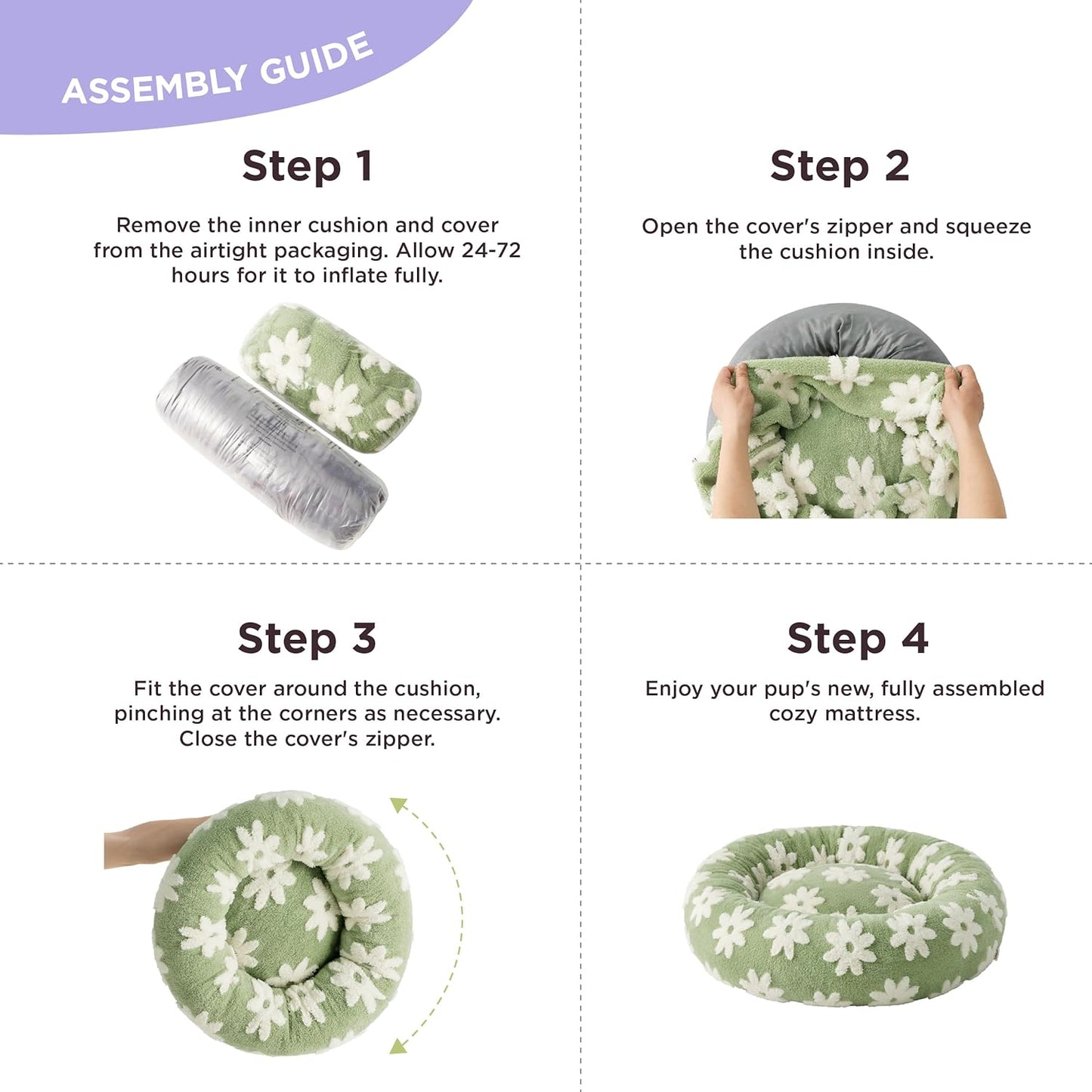 LE SURE Small Dog and Cat Bed - Round Calming Beds, Cute Modern Design with Jacquard Shaggy Plush, Anti-Slip Bottom, 23 Inch, Green