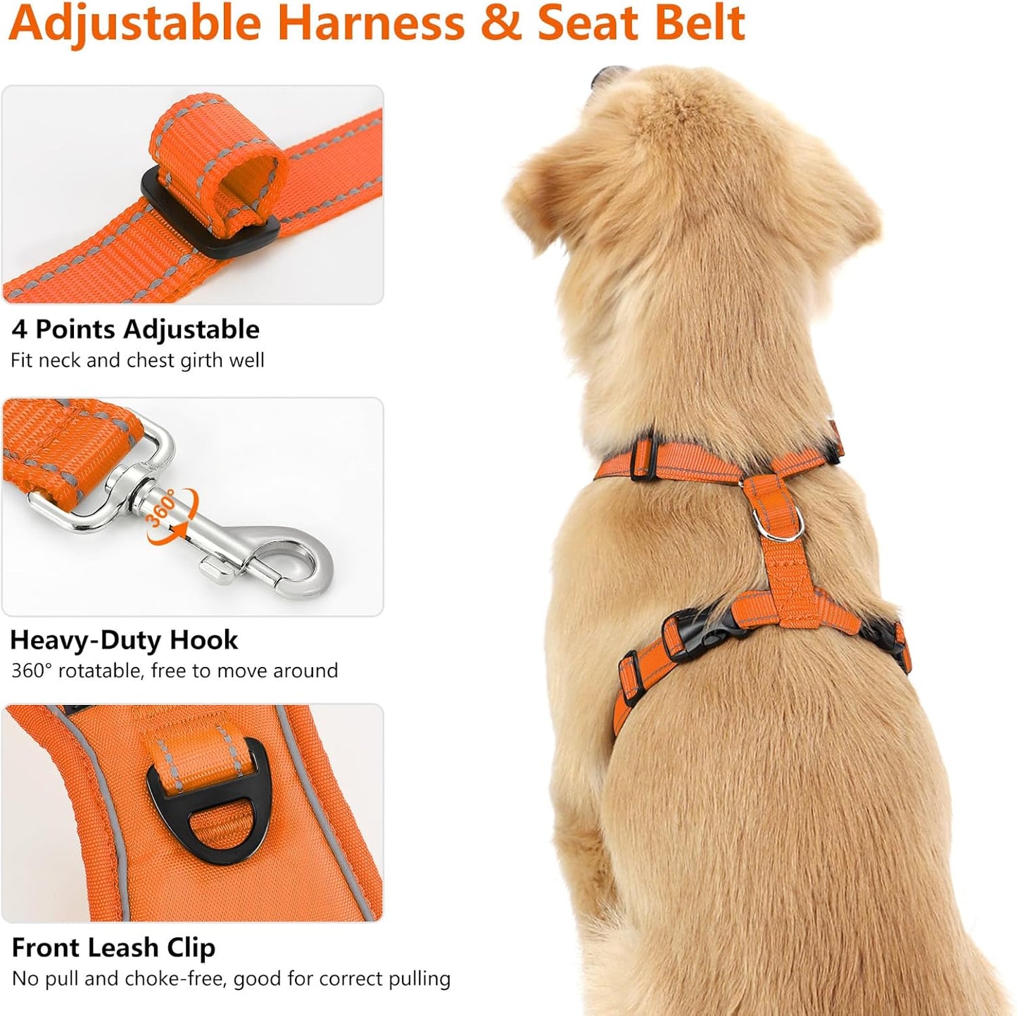 Dog Seat Belt Harness for Car, Dog Car Harness Adjustable Mesh Breathable & Dogs Seatbelt Safety Tether with Elastic Bungee for Small Medium Large Pets(Orange, S)