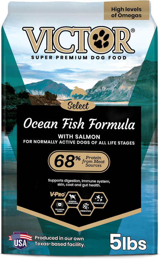 VICTOR Super Premium Dog Food – Select Ocean Fish Formula with Salmon – Omega-3 and Omega-6 Enriched Gluten-Free Dry Kibble for All Normally Active Dogs of All Life Stages, 5lbs