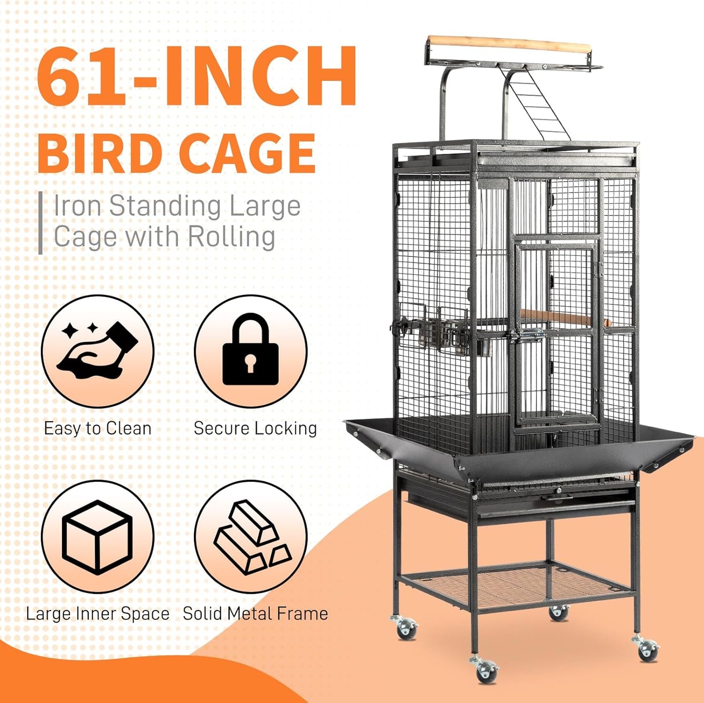 VINGLI 65-Inch Wrought Iron Bird Cage with Playtop | Durable Large Flight Cage with Ladder & Rolling Stand for Parrots, Cockatiels, Budgies, Lovebirds, Small/Medium Birds