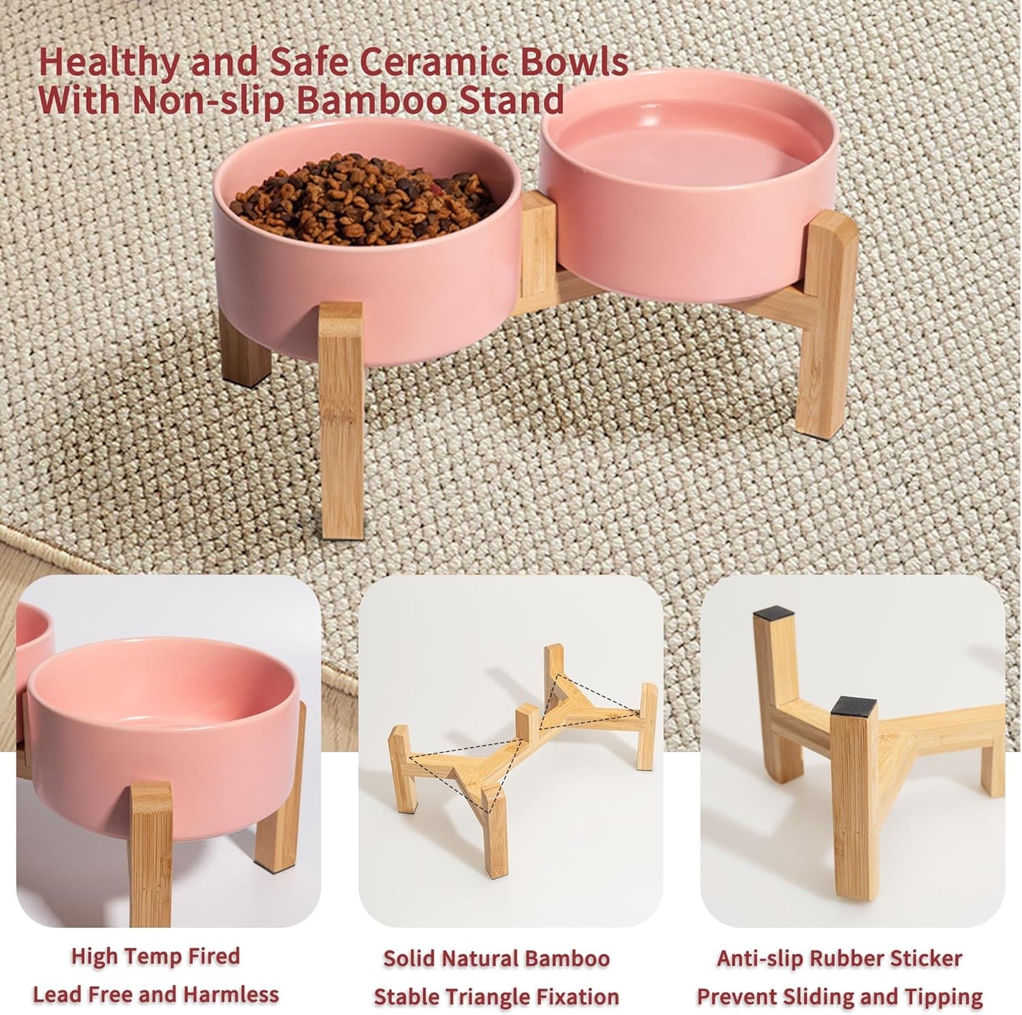 Elevated Ceramic Dog Bowl Set - Raised Dog Bowls with Non-Slip Bamboo Stand - Dog Food and Water Bowl Set - Double Dog Feeding Bowls - Suitable for Small and Medium Dogs - 28.74 OZ - 3.6 CUPS - 850 ML