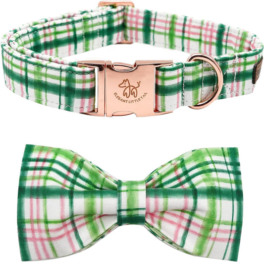 Elegant Little Tail Dog Collar with Bow - Pink with Green Plaid, Cute Bowtie, Adjustable for Medium Dogs