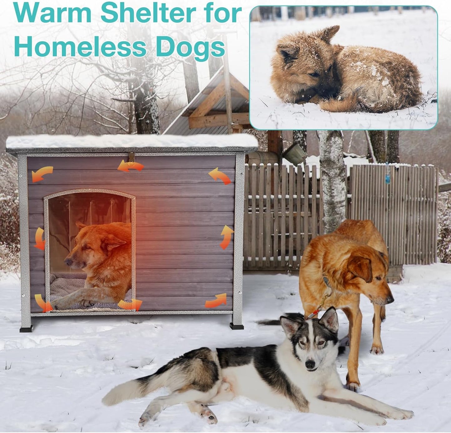 Feral Dog House Outdoor,Anti Bite Iron Frame Dog Kennel,Wood Warm Pets Home,Insulated Weatherproof Outside Shelter for Feral Animal (43.3" (L) x 29.4" (W) x 33.4" (H)-Grey-in)