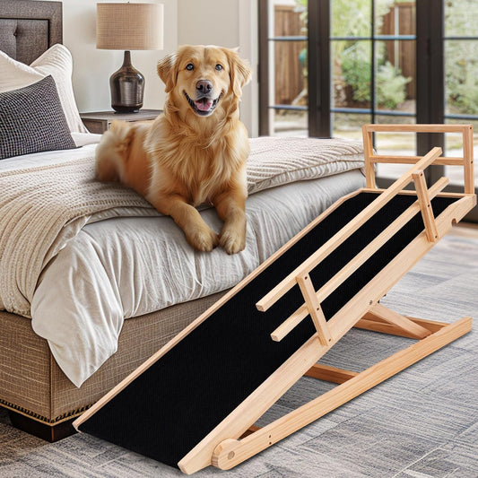 Dog Ramp, 5 Level Adjustable Height Folding Pet Ramp for High Bed, Portable Paw Ramps Large Bed Ramp for Medium & Large Old Dogs & Cats - Natural Wood Furniture Quality
