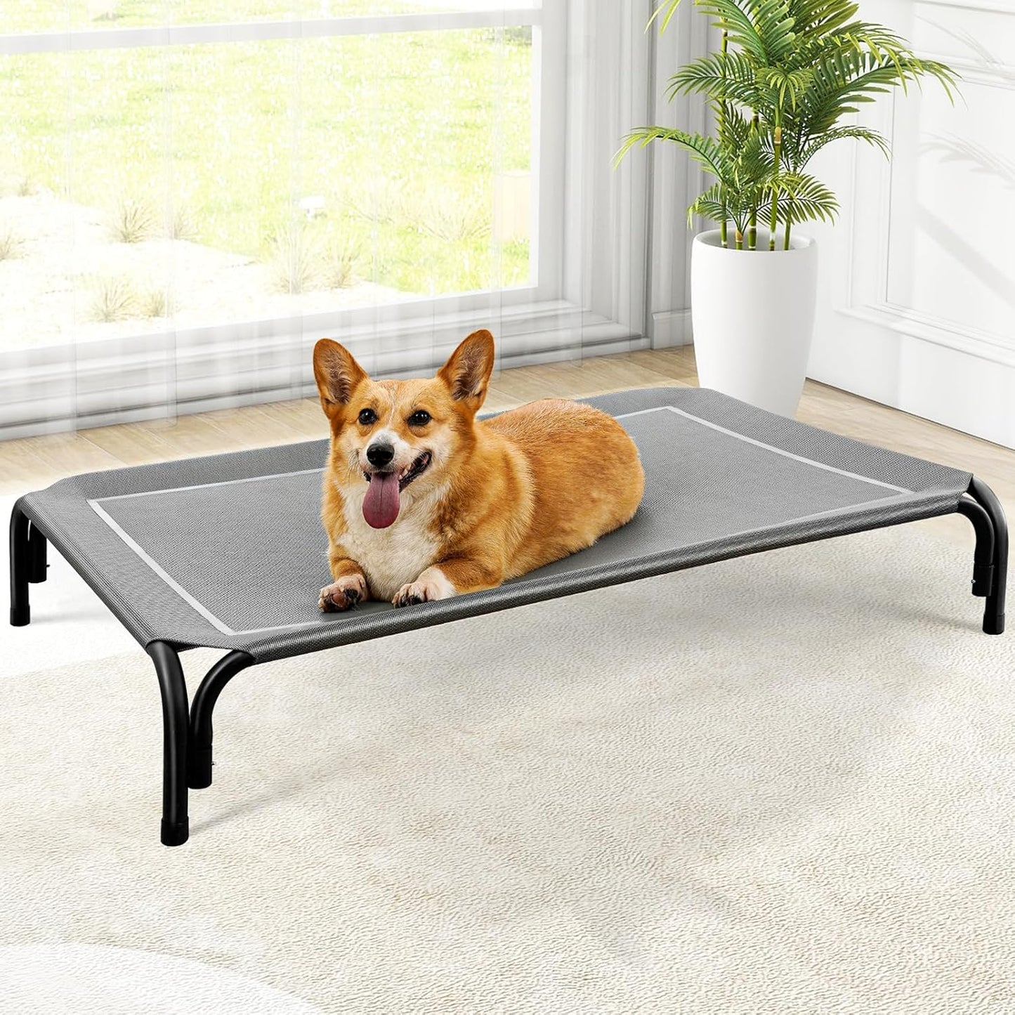 Elevated Dog Bed, Raised Outdoor Dog Bed for Medium Sized Dog, Portable Cooling Pet Cot with Breathable & Washable Mesh, Indoor & Outdoor Pet Hammock with Skid-Resistant Feet.