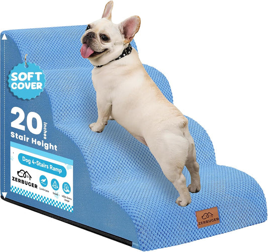 Dog Ramp and Stair for Bed 16" H-20 H,3-Step Cat Stair for Sofa and Chair,4-Step Dog Ramp for High Bed and Window,Durable Nonslip Fabric Cover for Indoor (Blue-20“H, Pet Friendly, 4)