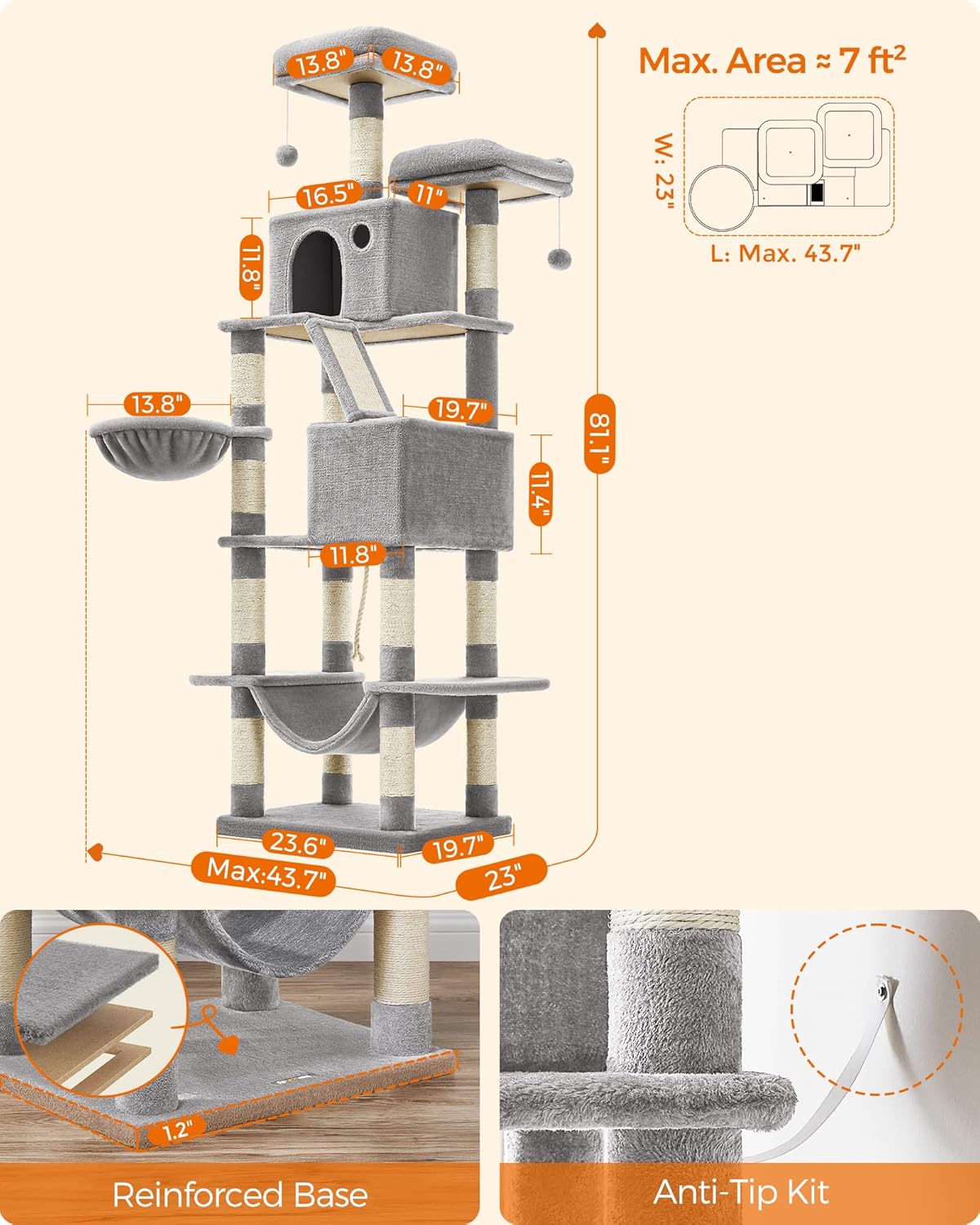 Feandrea Cat Tree, 81.1-Inch Large Cat Tower with 13 Scratching Posts, 2 Perches, 2 Caves, Basket, Hammock, Pompoms, Multi-Level Plush Cat Condo for Indoor Cats, Light Gray UPCT190W01