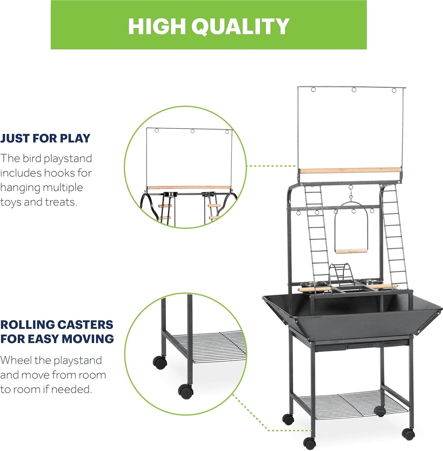 Prevue Pet Products Small Parrot Playstand with Wheels, Bird Stand Activity Play Center with Perches and Ladders, Indoor Outdoor Playground for Birds with Swing, Black Hammertone Finish
