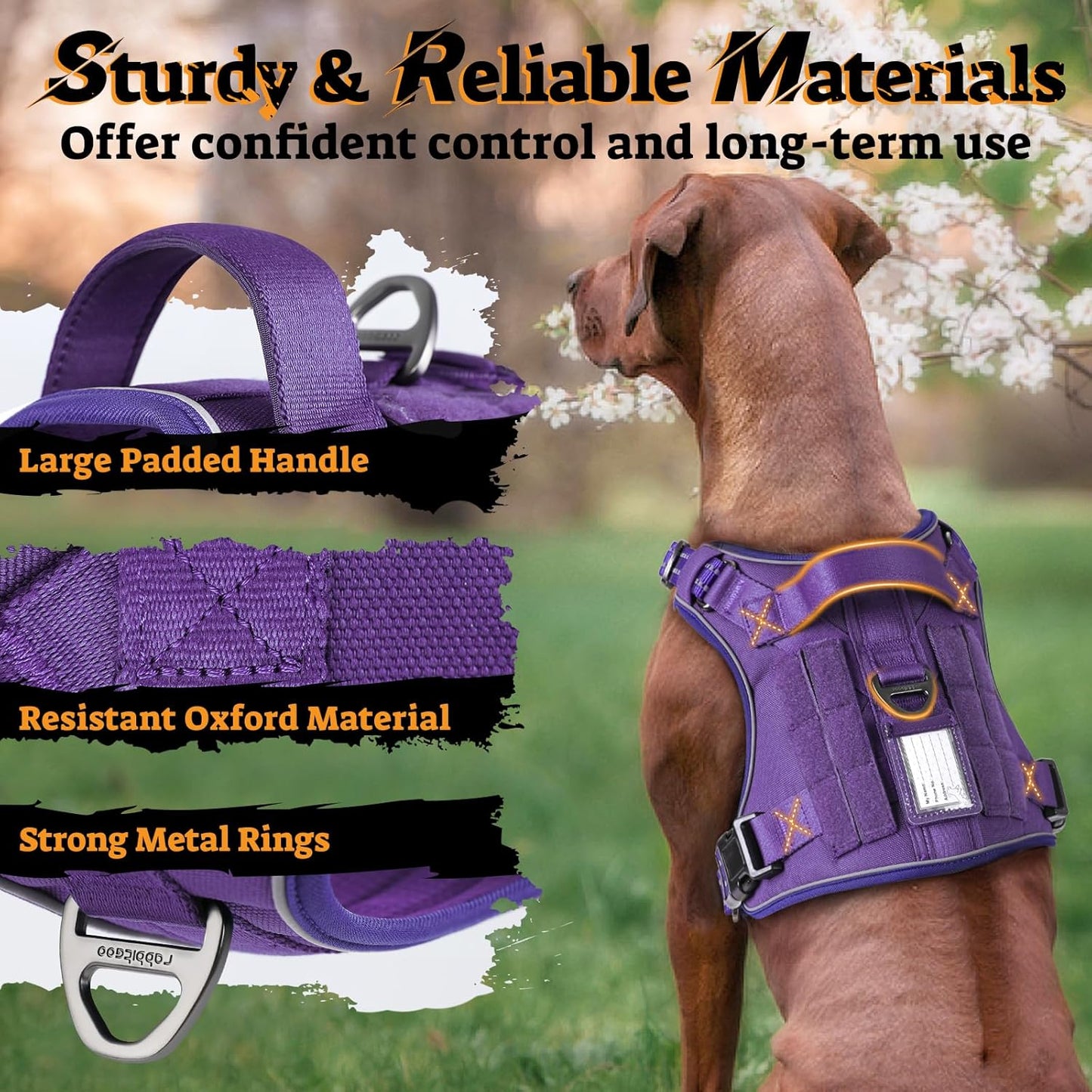rabbitgoo Dog Harness for Large Dogs No Pull, Tactical Service Pet Vest with Molle and Control Handle, Adjustable and Reflective Military Harness for Easy Walking and Training, Purple, L