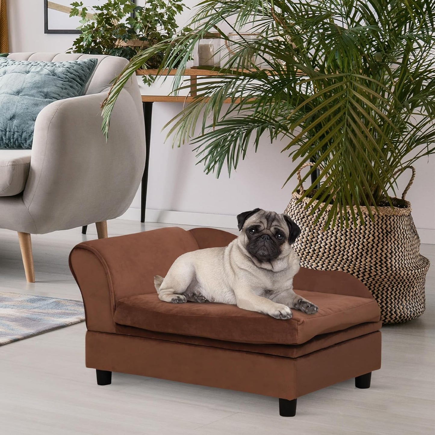 PawHut Luxury Fancy Dog Couch with Hidden Storage, Small Dog Sofa Bed with 2" Soft Foam, Modern Pet Furniture for Puppies & Little Breeds, Brown