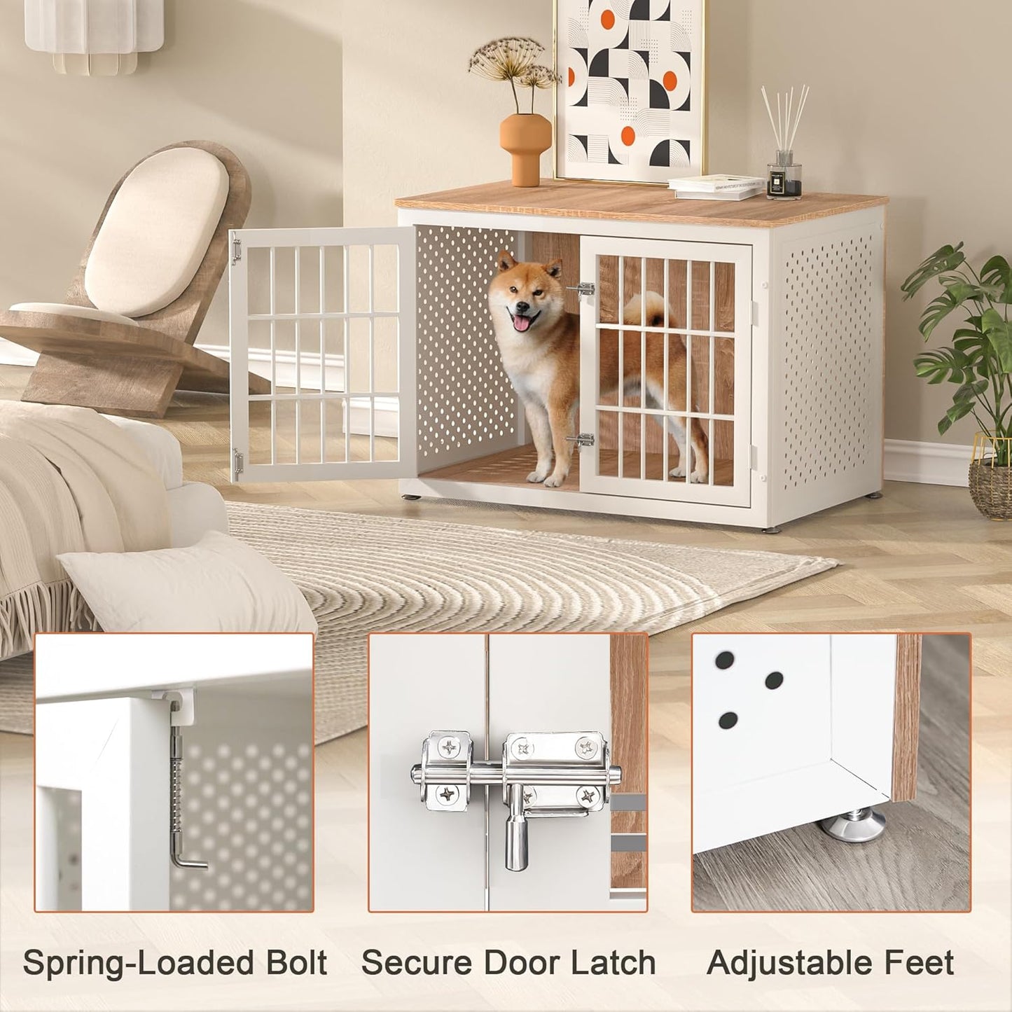 38" Heavy Duty Dog Crate Furniture for Large and Medium Dogs,Wooden Metal Kennel for High Anxiety Dogs, Chew Proof Pet Cage Indoor, Decorative Dog Kennel End Table, White