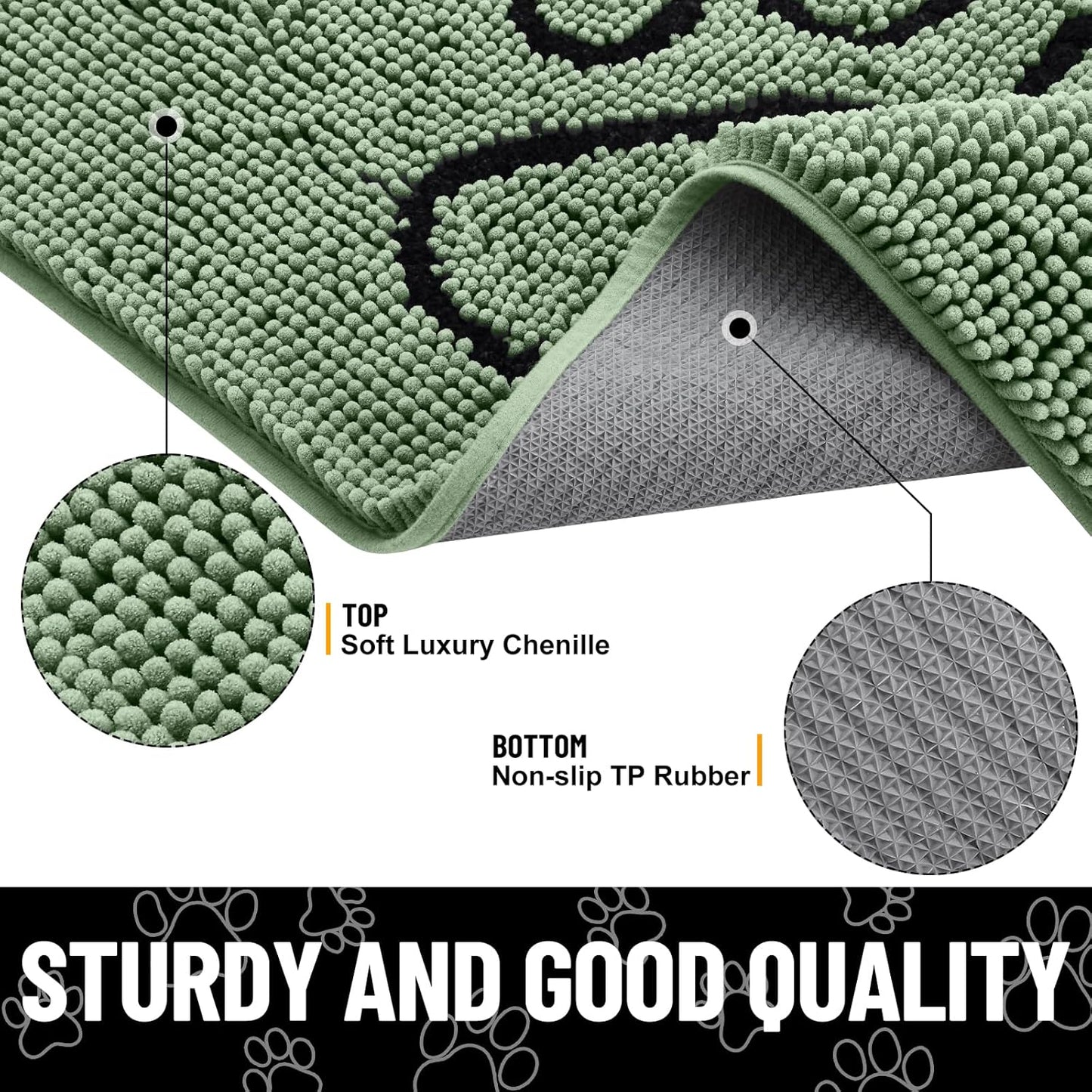 Smiry Dog Door Mat for Muddy Paws, Absorbent Dirt Trapper Non Slip Quick Dry Washable Chenille Mat for Mud Dogs, Entry Rug for Indoor and Outdoor (30x20 Inches, Olive Green and Black)