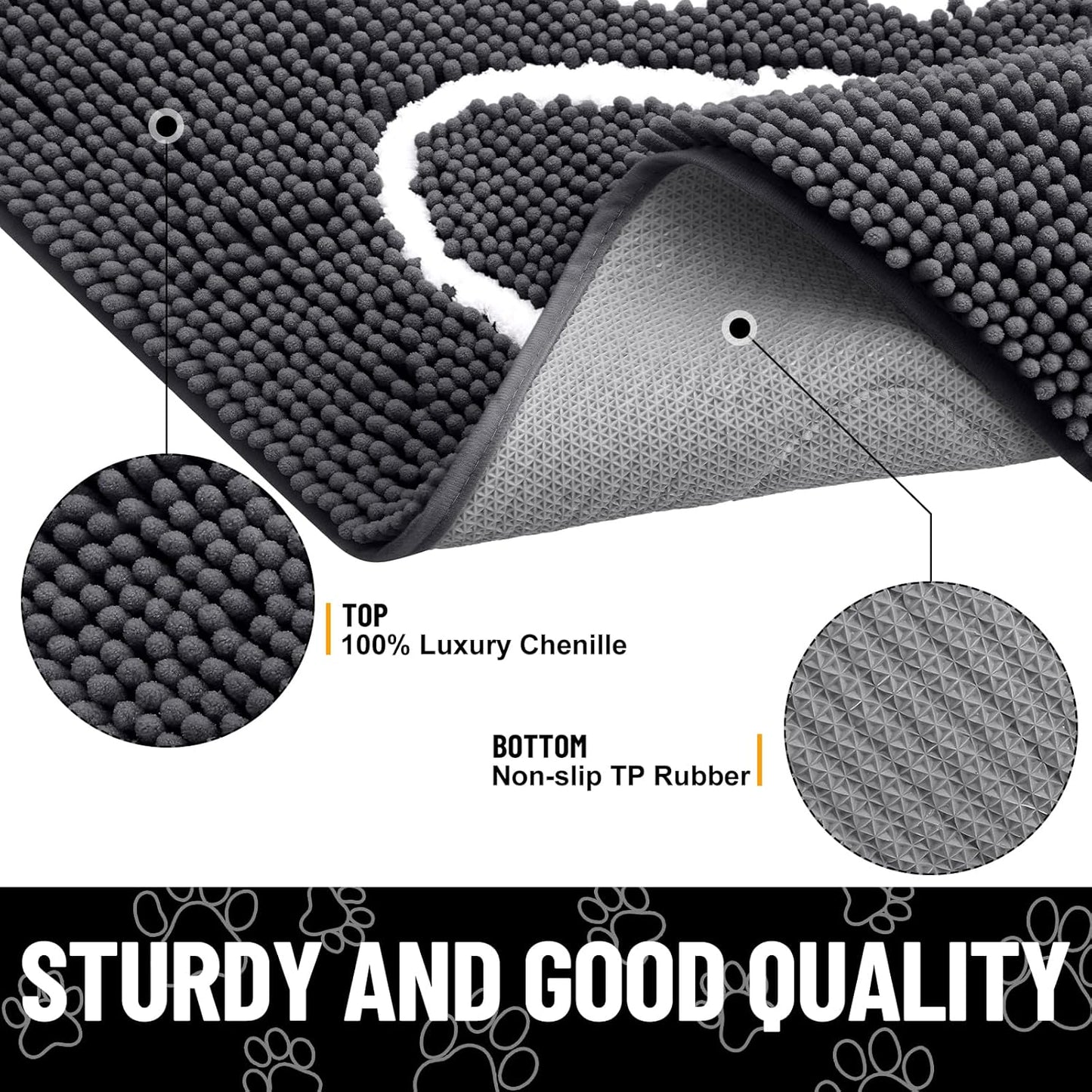 Smiry Dog Door Mat for Muddy Paws, Absorbent Dirt Trapper Non Slip Quick Dry Washable Chenille Mat for Mud Dogs, Entry Rug for Indoor and Outdoor (30x20 Inches, Dark Grey and White)