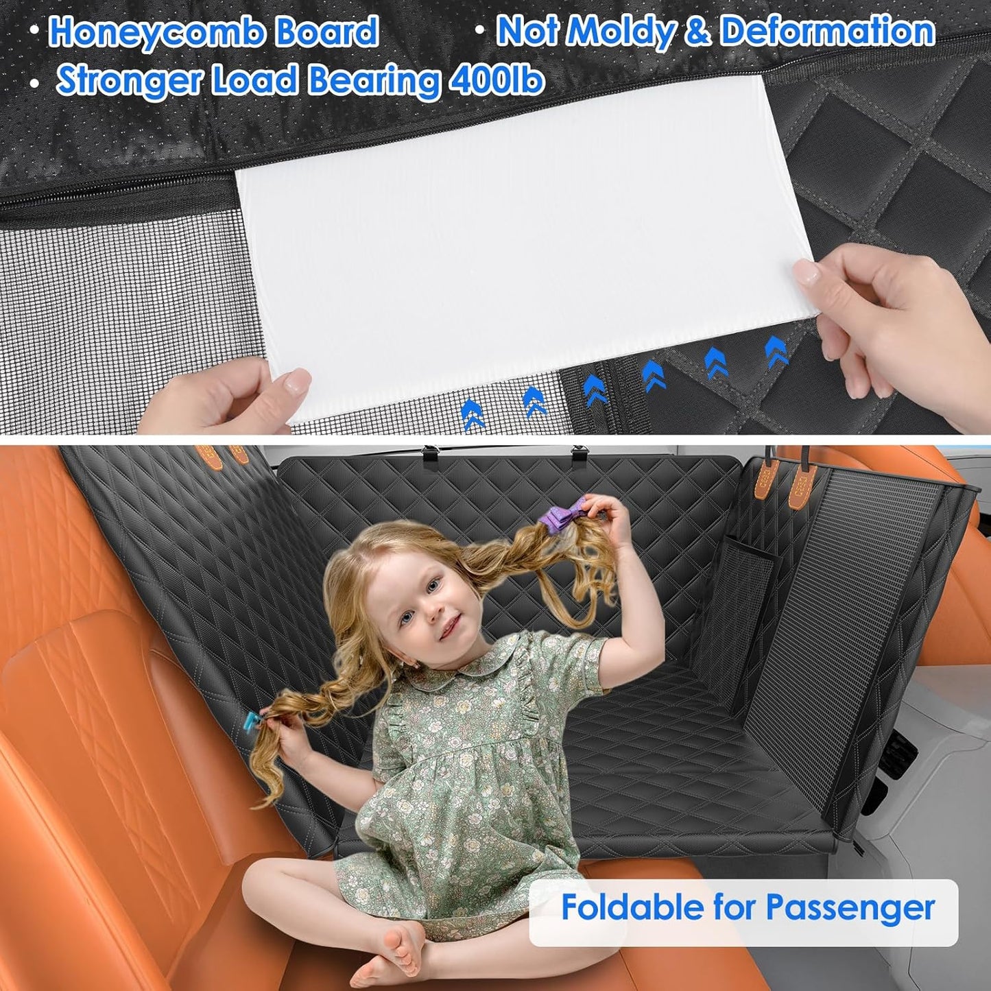 Back Seat Extender for Dogs with Hard Bottom/Large Space, Waterproof Dog Car Seat Cover Holds 400lbs, Sturdy Nonslip Pet Backseat Hammock for Cars/SUV