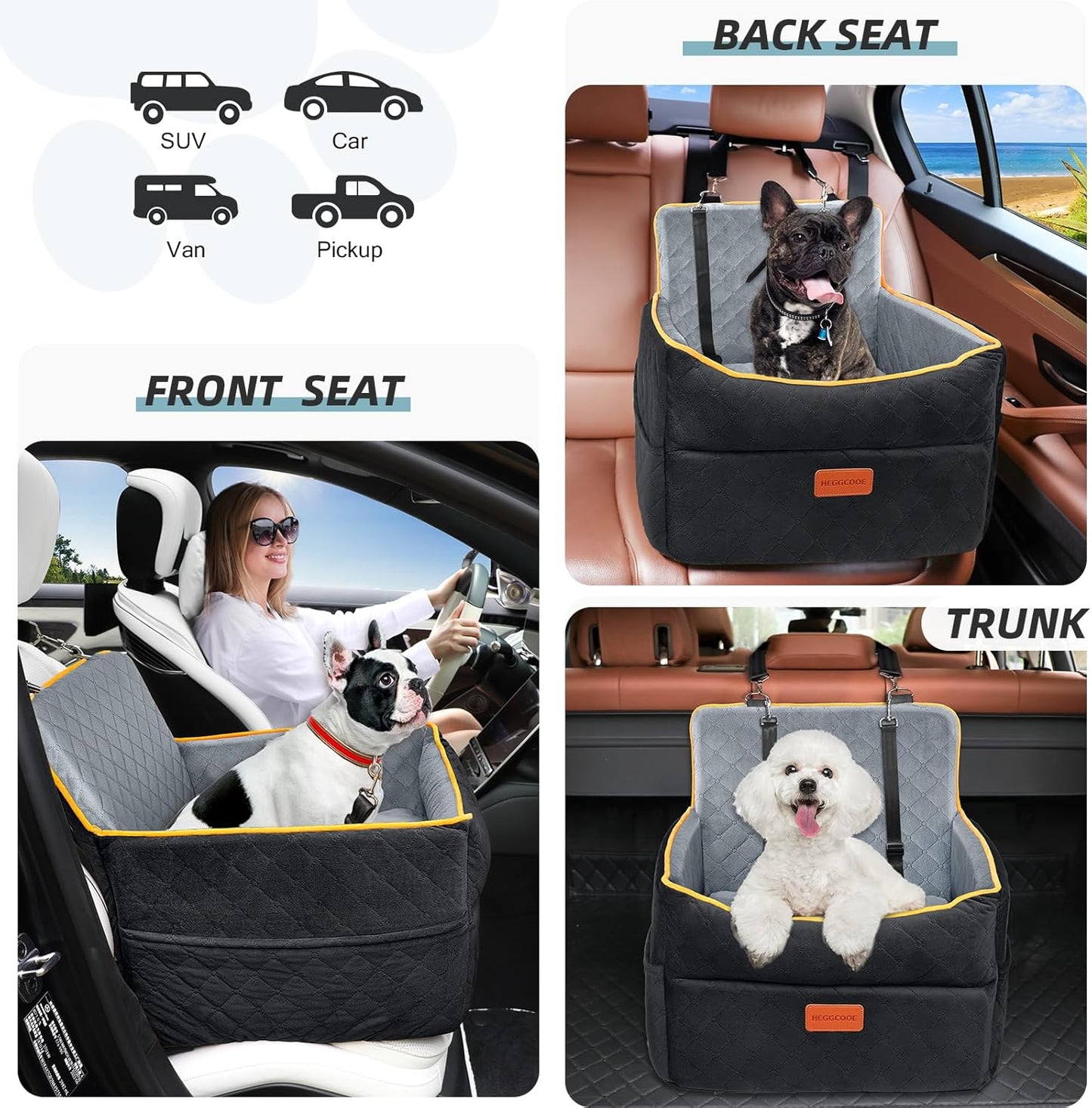 Small Dog Car Seat, Memory Foam Dog Booster Seats with Thick Cushion for Medium Dogs Under 35lbs, Detachable Washable Pet Car Seat Bed with Storage Pockets,2 Safety Belts