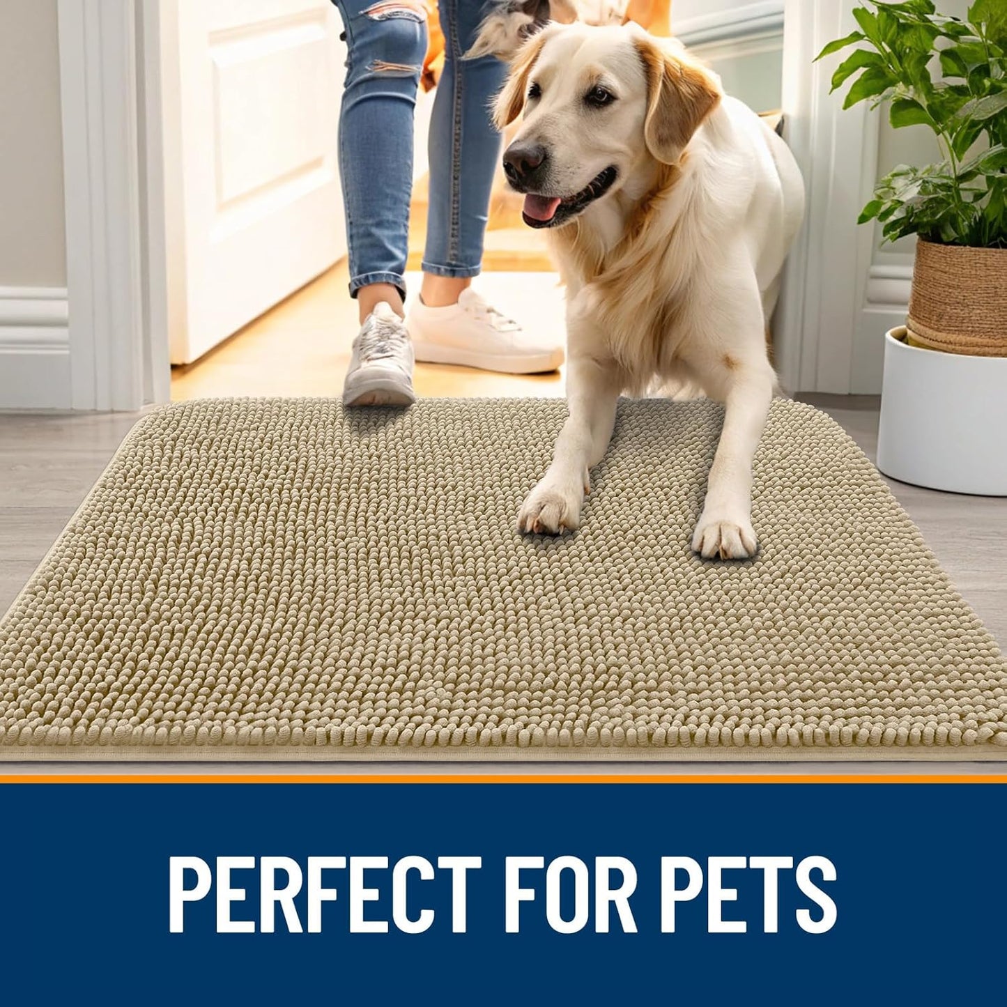 OLANLY Dog Door Mat for Muddy Paws 48x30, Absorbs Moisture and Dirt, Absorbent Non-Slip Washable Doormat, Quick Dry Chenille Mud Mat for Dogs, Entry Indoor Entryway Carpet for Inside Floor, Beige