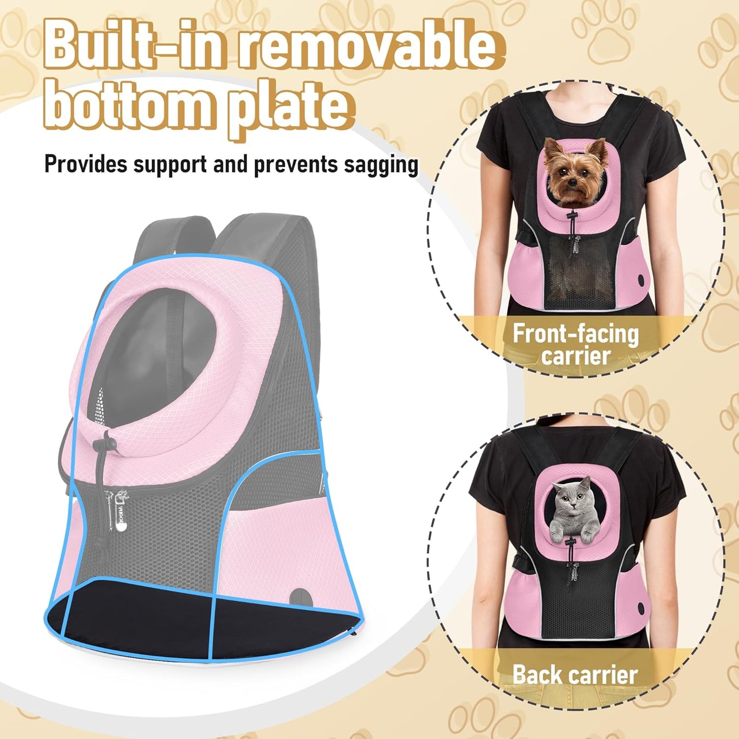 WOYYHO Pet Dog Carrier Backpack Small Dog Front Backpack Ventilated Mesh Dog Travel Back Pack with Safety Belt for Travel Hiking Cycling Outdoor Adventures (Size L: 10-14 lbs, Pink)