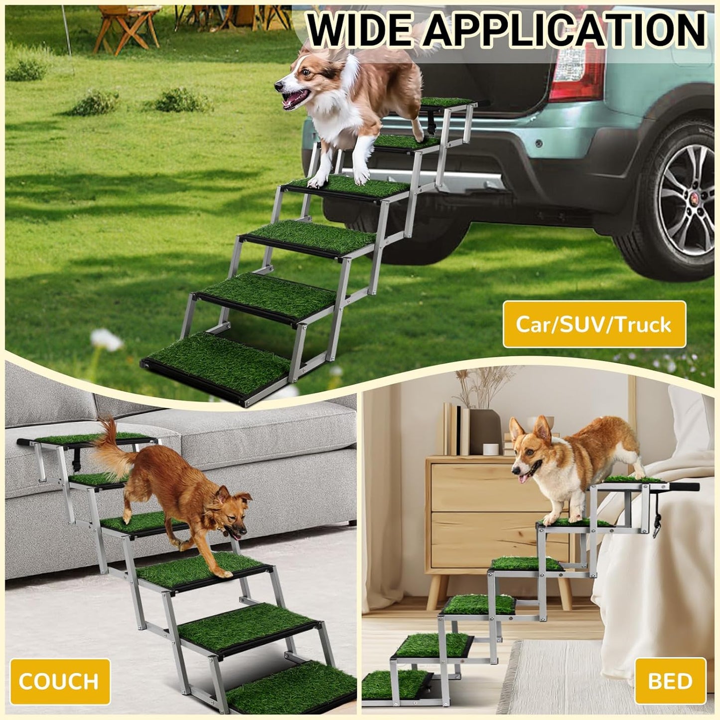 Extra Wide Dog Stairs for Car, Portable Folding Dog Ramps,Doggy Steps for Large Dogs with Non-Slip Grass Rug for Cars, SUV, Trucks, Lightweight Pet Ramp Supports Up to 200 lb, 6 Steps
