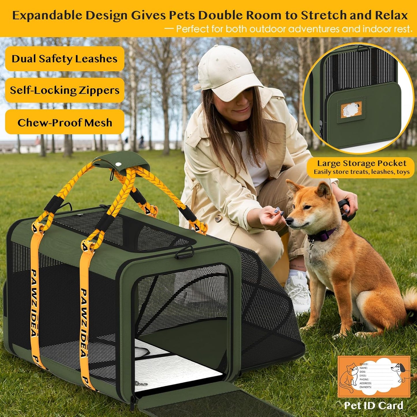 PAWZIDEA Expandable Large Pet Carrier, 24"X16"X16" Cat Carrier for 2 Cats, Collapsible Dog Travel Crate for Small Medium Dog, Soft-Sided Car Seat Cage Bag w/XL Storage Pocket, ID Card, Shoulder Strap