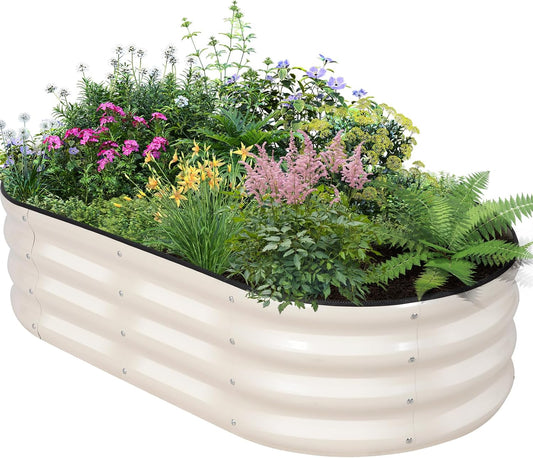 Galvanized Raised Garden Bed Outdoor - 4×2×1ft Planter Raised Beds for Gardening | Oval Metal Garden Planter Box with Safety Edging and Gloves for Vegetables Fruits and Flowers - White