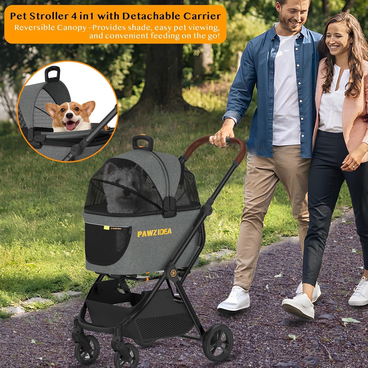 PAWZIDEA Pet Stroller 4 in 1, Dog Strollers for Small/Medium Dogs with Detachable Carrier Easy Lock Canopy, Seatbelt Puppy Car Seat, Cozy House, Foldable & Lightweight Jogger Cat Stroller, 4 Wheels
