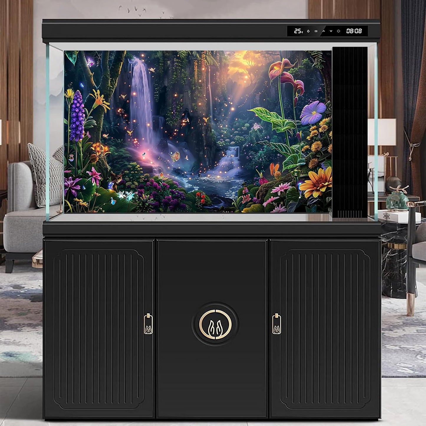 Fantasy Garden Aquarium Background Sunset Waterfall and Flowers Terrarium Backdrop Tropical Forest Lush Plant Magic Butterfly Lights Flowers Fish Tank Background Poster Decorations 48x20in