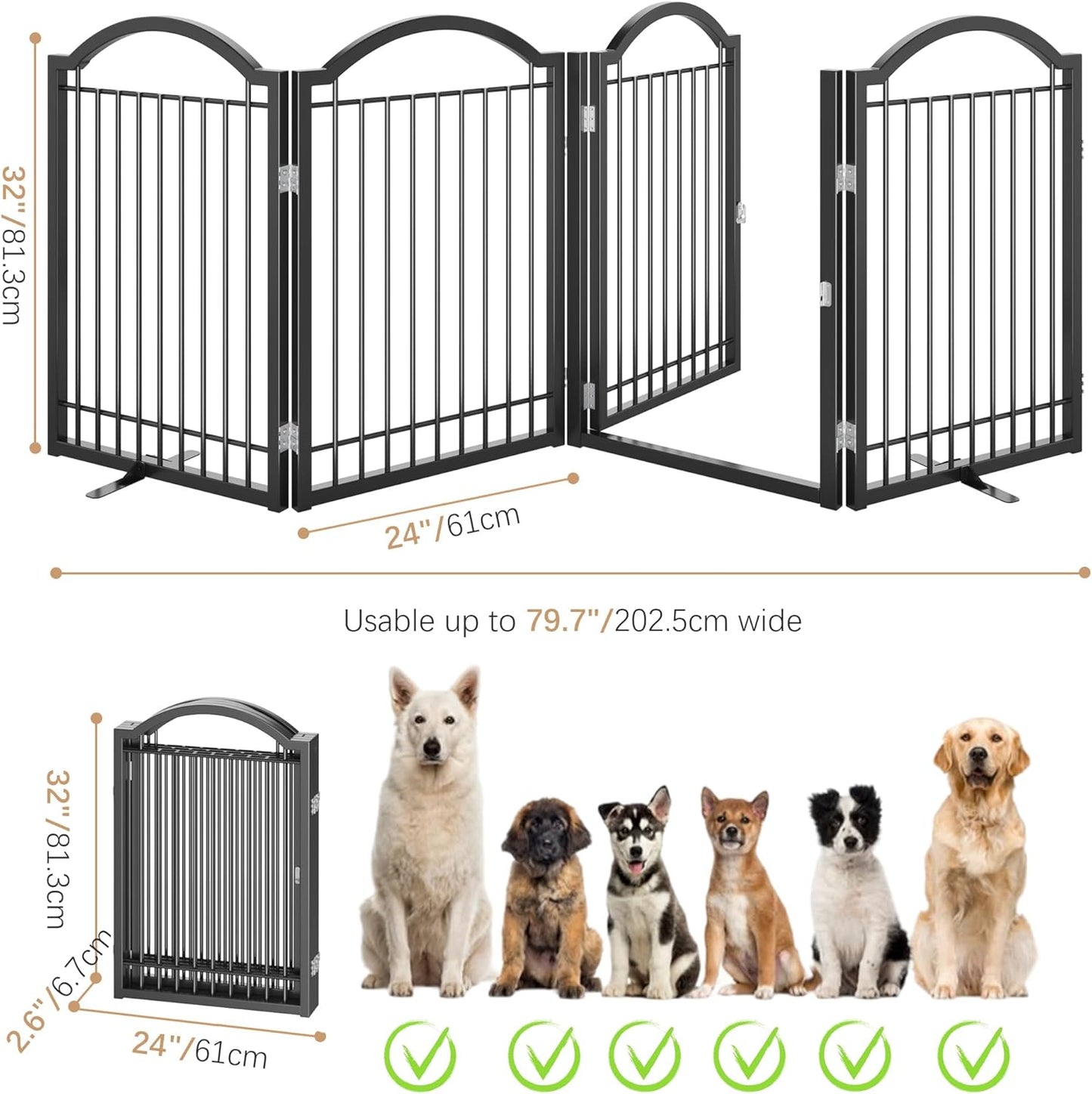 BHG Metal No-Assembly Freestanding Dog Gate with Door Walk Through, Extra Wide 96", Extra Tall 32" Pet Gate, Accordion Puppy Folding Playpen Dog Fence, with 2PCS Support (Black, 4 Panels)