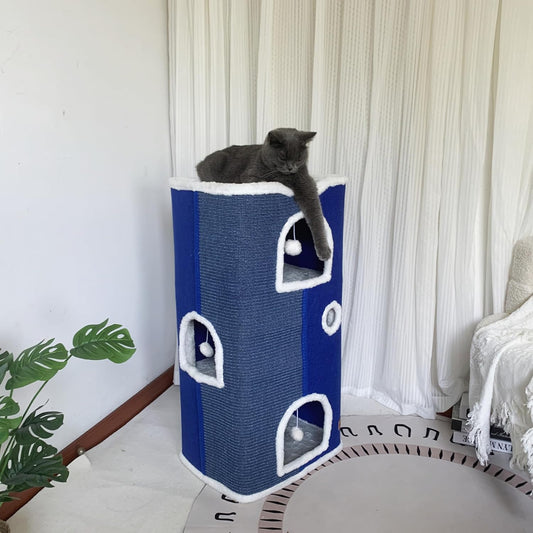 4-Level Cat House for Indoor Cats,Covered Cat Beds and Furniture with Scratch Pad,Hideaway Cave &Cushions,Modern Cat Tower Condo for Multi Small Pet and Large Cats Navy Blue