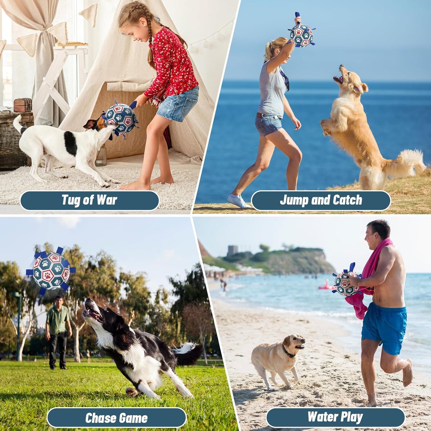 QDAN Dog Toys Soccer Ball with Straps, Herding Balls for Dogs, Interactive Toy for Tug of War, Durable Dog Balls for Medium Large Dogs (8 Inch)