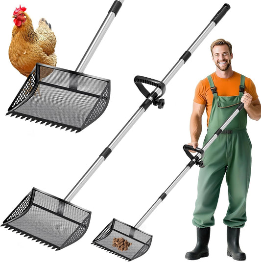12 Inch Chicken Poop Scooper & Rake 2-in-1, Large Metal Shovel Head, Rubber Handle Stainless Steel Chicken Litter Scoop for Chicken Coops, Litter Screening Scoop (35 to 65in) US Patent Pending (Black)