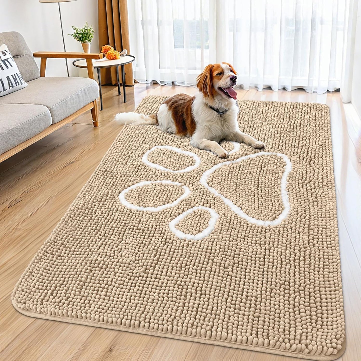 Smiry Dog Door Mat for Muddy Paws, Absorbent Dirt Trapper Non Slip Quick Dry Washable Chenille Mat for Mud Dogs, Entry Rug for Indoor and Outdoor (59x35 Inches, Beige)