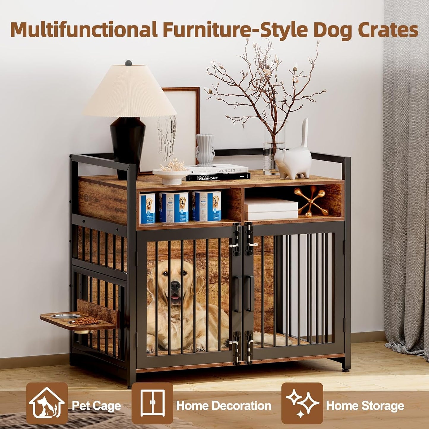 Furniture Style Dog Crate with Storage, 41 Inch Dog Crate Furniture with Double Doors, 2 Stainless Steel Bowls, Dog Crate Furniture-Style Crate for Large/Medium Dog