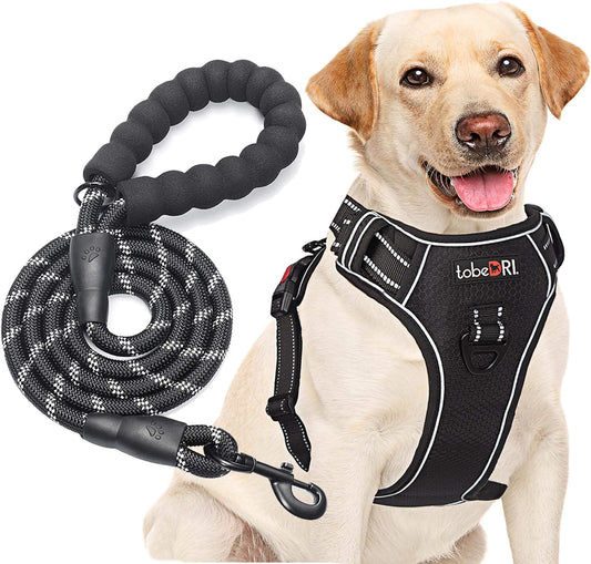 No Pull Dog Harness Adjustable Reflective Oxford Easy Control Medium Large Dog Harness with A Free Heavy Duty 5ft Dog Leash (M (Neck: 14.5"-20.5", Chest: 22"-28"), Black Harness+Leash)