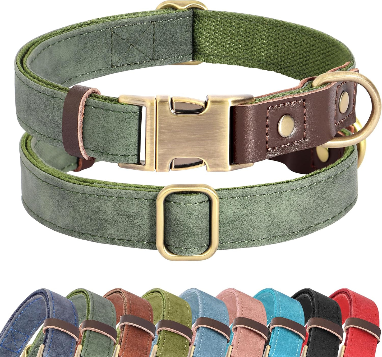Didog Soft PU Leather Dog Collars for Small Dogs,Classic Adjustable Dog Collars with Quick Release Metal Buckle,Easy Clean and Comfortable with Nylon Lining,Green,S Neck 10-15"