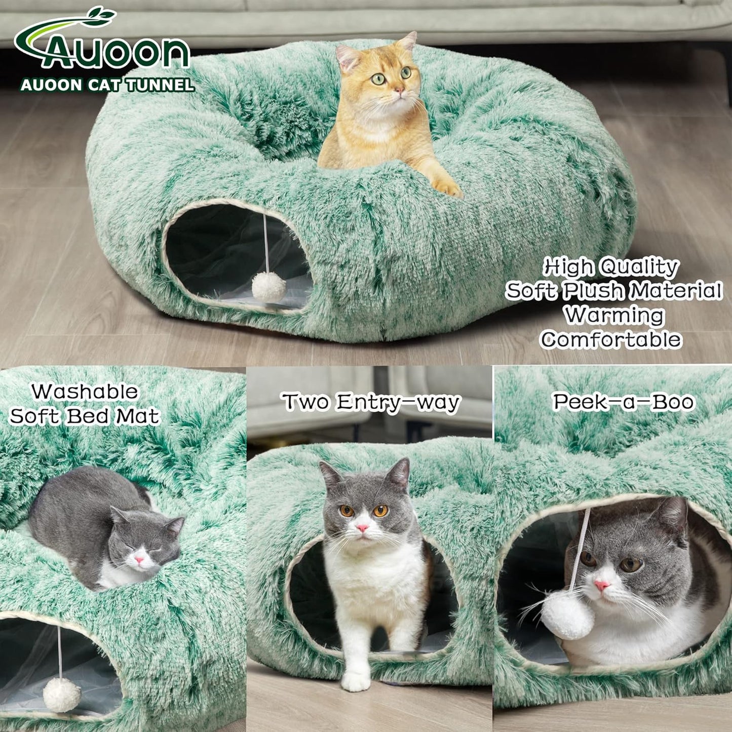 AUOON Cat Tunnel Bed for Indoor Cats - Circle Peekaboo Cat Cave with Washable Mat for Indoor Cats Kitten Kitty Puppy Rabbit Ferret (Green)