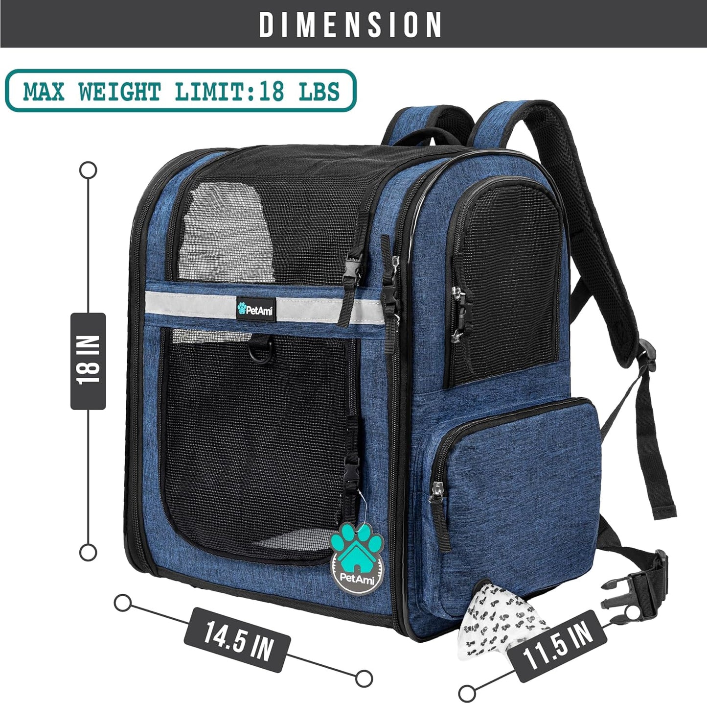 PetAmi Dog Backpack Carrier for Small Large Cat, Pet, Puppies, Ventilated Pet Hiking Backpack Travel Bag, Airline Approved Cat Backpack Carrier, Safety Back Support, Camping Biking, Max 18 lbs, Navy
