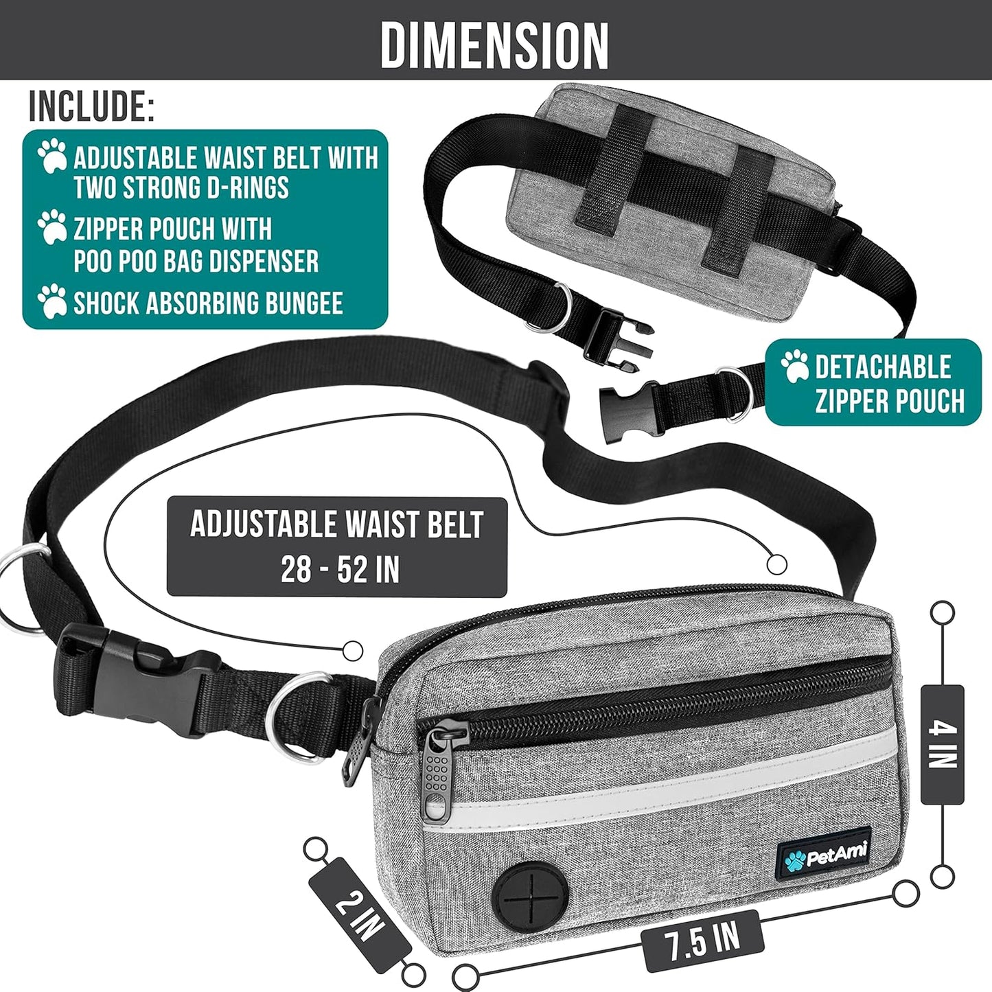 PetAmi Hands Free Dog Leash, Running Leash Belt Walking, Jogging, Waist Zipper Pouch with Poop Bag Dispenser, Dual Padded Handles, Reflective Durable Bungee Single, Heather Grey, 1 Leash