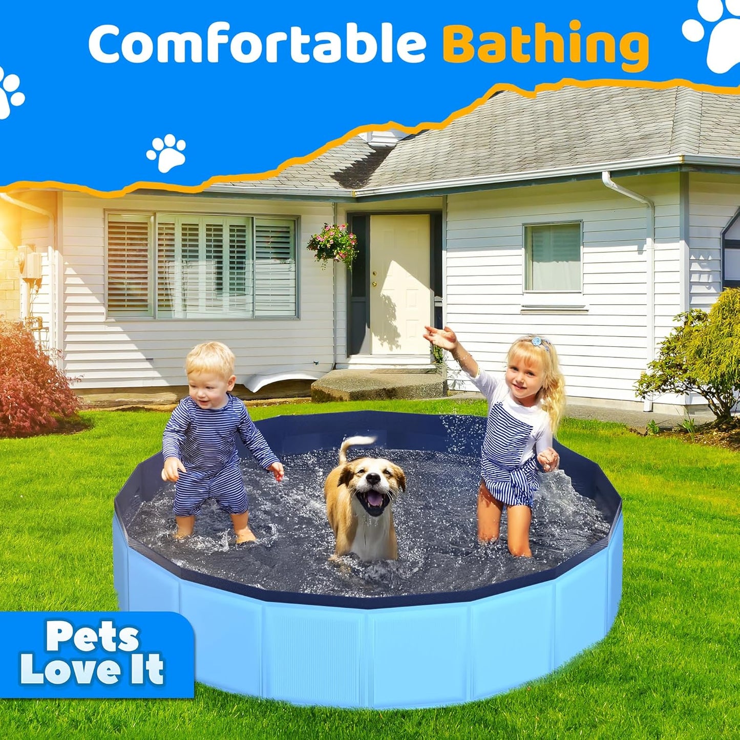 71" x 12" Foldable Dog Pool - Collapsible Hard Plastic Kiddie Pool for Dogs & Kids, Non-Slip Pet Bath Tub for Outdoor Backyard Use, Lightweight & Portable (Blue)