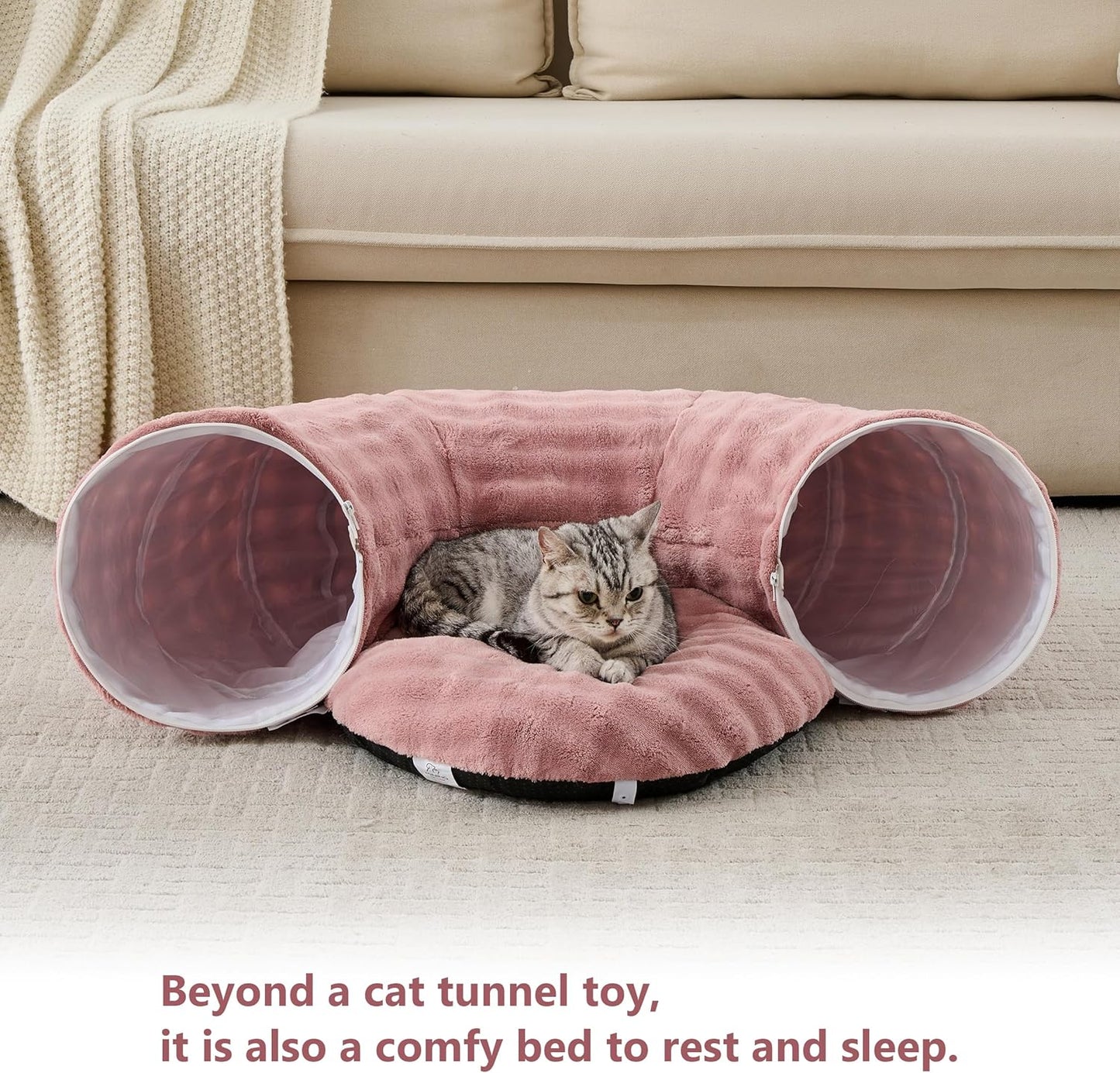 Bubble Cat Tunnel for Indoor Cats, Round Peekaboo Cave Toy with Dangling Balls, Donut Tunnel Bed with Circle Mat for Puppy Kitten Rabbit, Dusty Pink