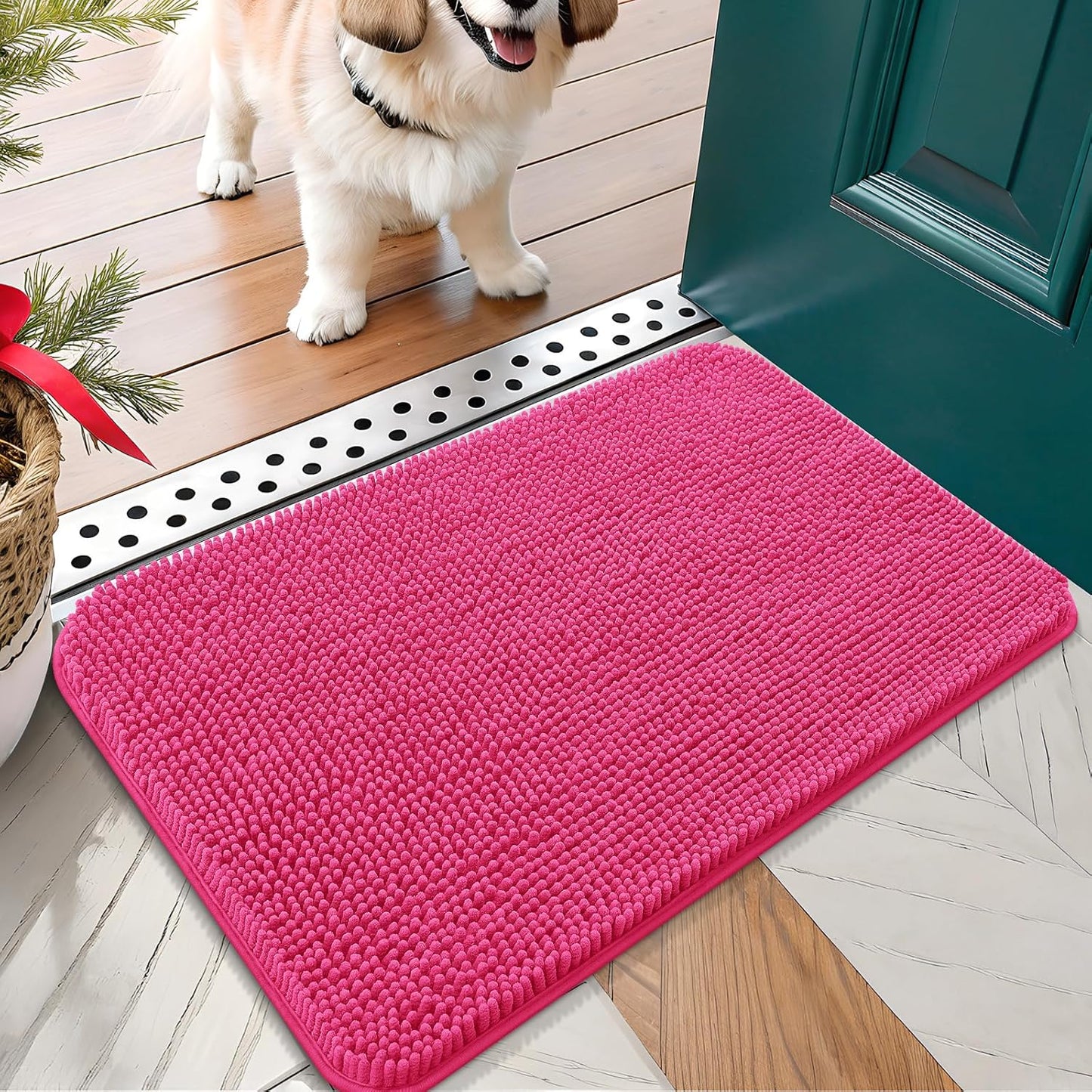 OLANLY Dog Door Mat for Muddy Paws 24x16, Absorbs Moisture and Dirt, Absorbent Non-Slip Washable Doormat, Quick Dry Chenille Mud Mat for Dogs, Entry Indoor Entryway Carpet for Inside Floor, Hot Pink