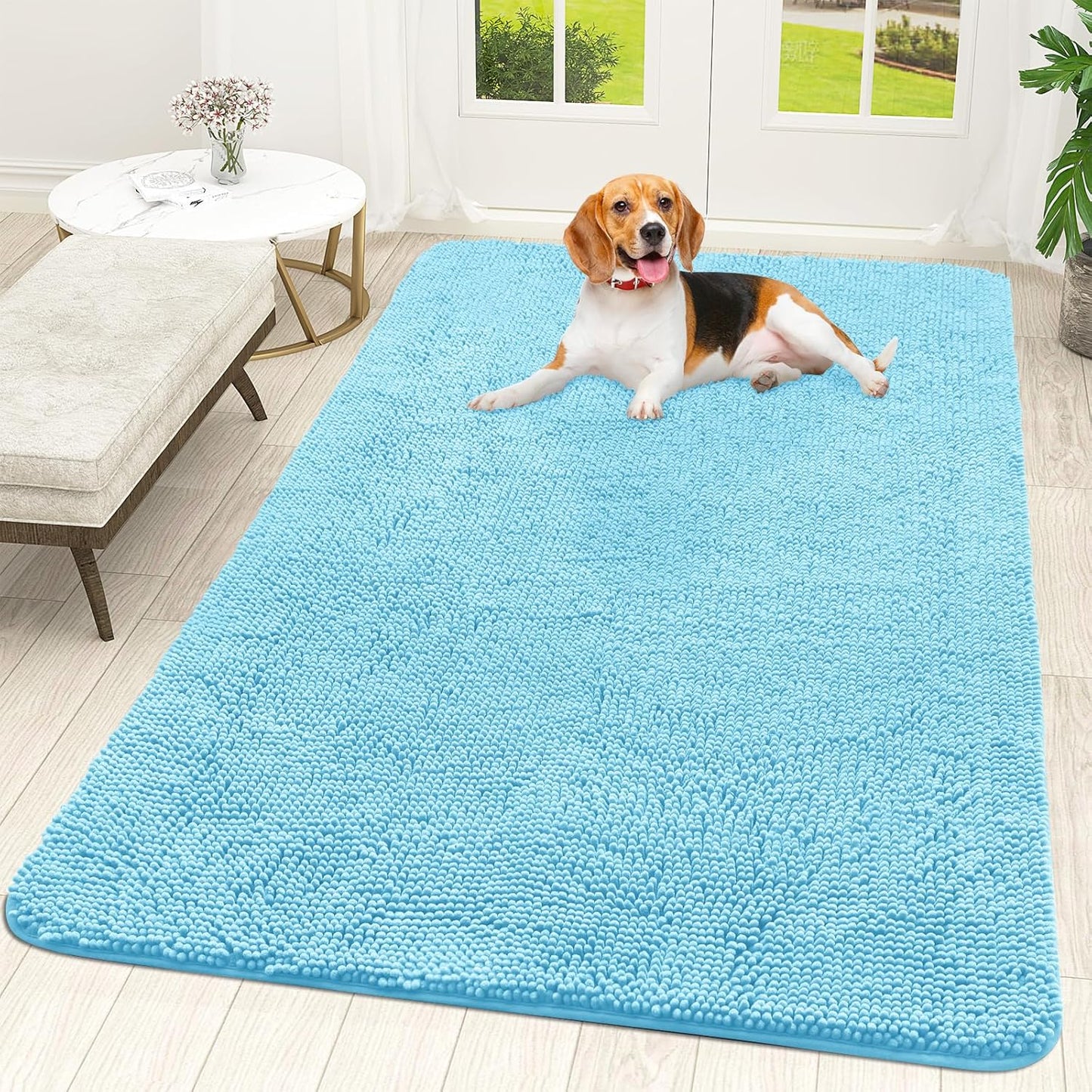 OLANLY Dog Door Mat for Muddy Paws 59x35, Absorbs Moisture and Dirt, Absorbent Non-Slip Washable Doormat, Quick Dry Chenille Mud Mat for Dogs, Entry Indoor Entryway Carpet for Inside Floor, Blue