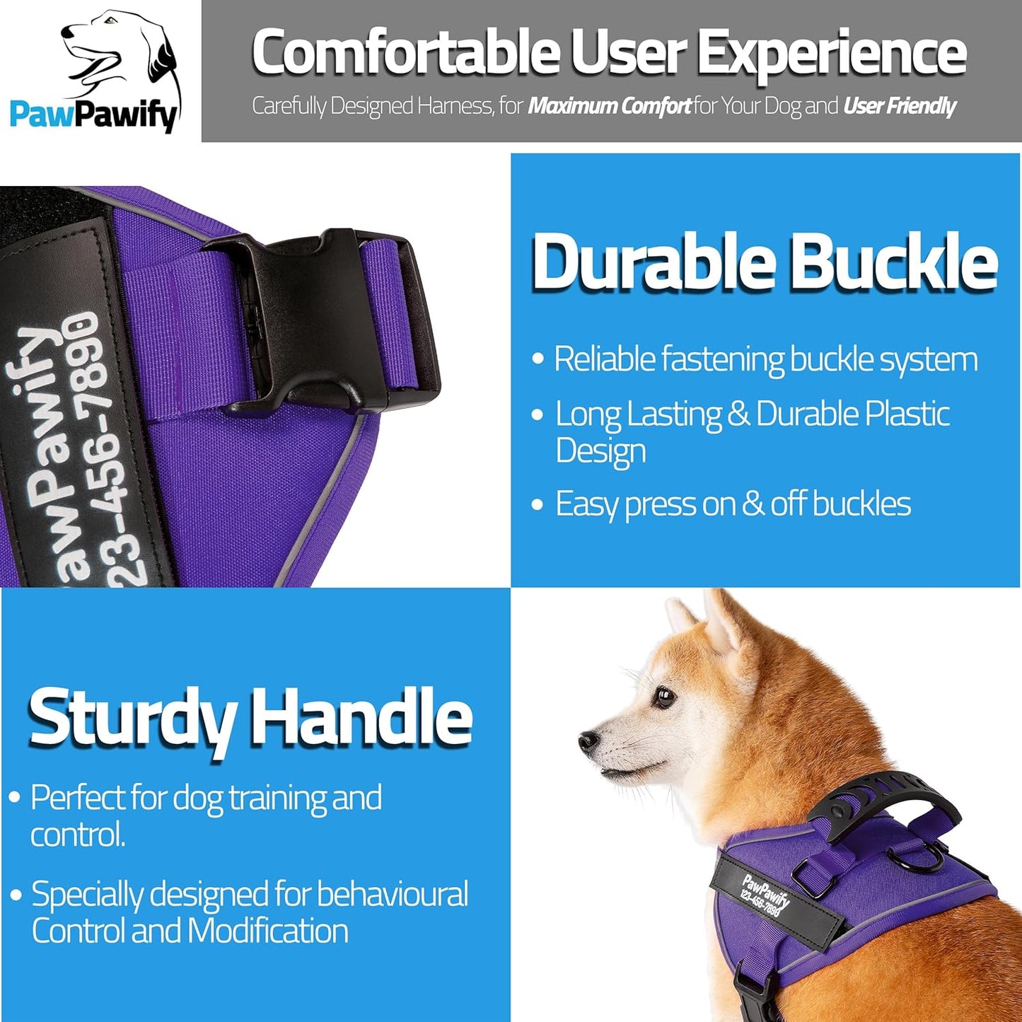 PawPawify Custom No Pull Dog Harness with Name and Phone Number, Heavy Duty Personalized Pet Vest to Prevent Tugging, Pulling, or Choking, Training and Walking (New Purple, S (10-19LBS))