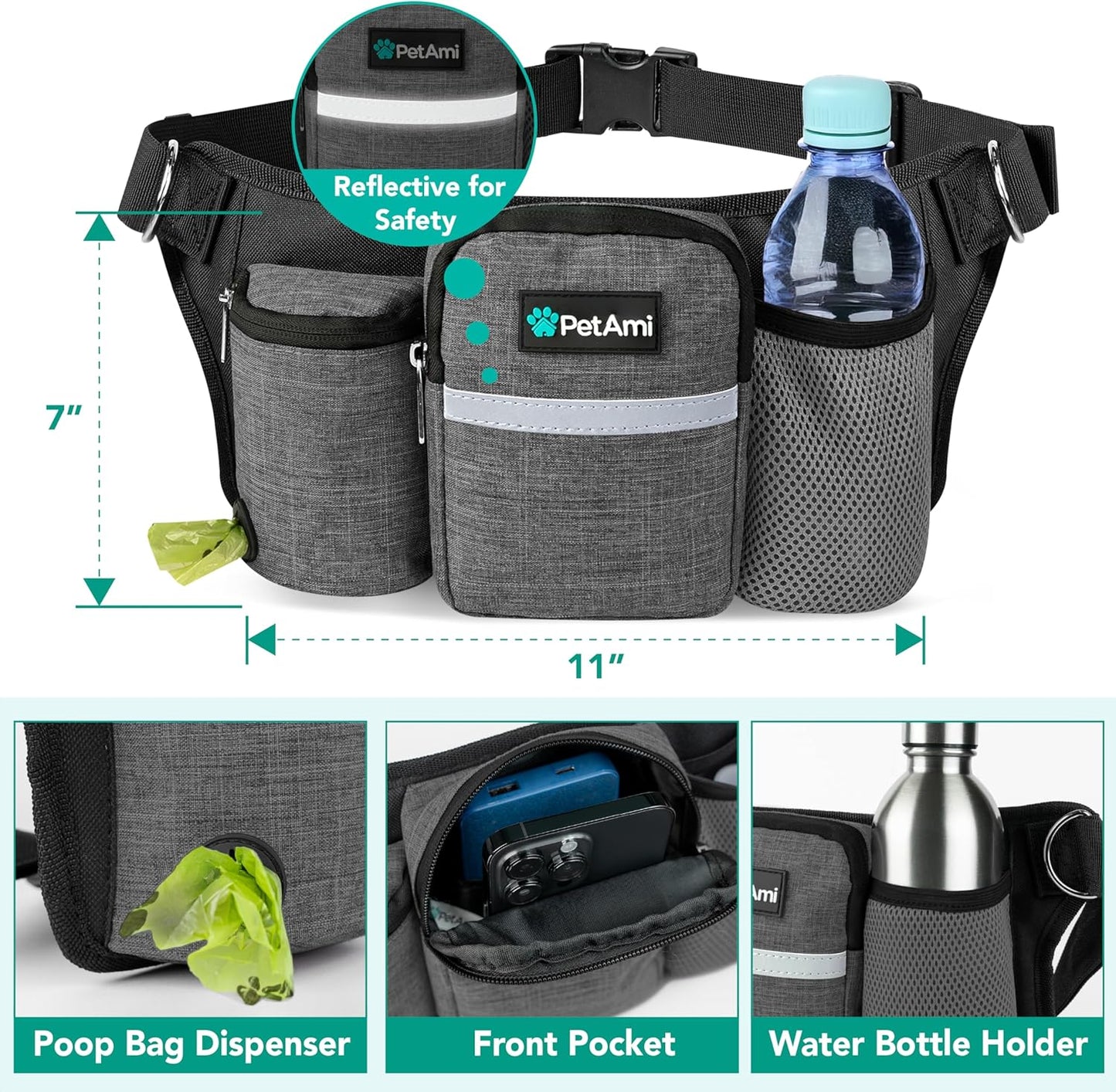 PetAmi Premium Hands Free Dog Leash for 2 Dogs, Adjustable Waist Belt Leash for Dog Walking, Fanny Pack Accessories Bag Dual Bungee Leash for Running, Hiking, Jogging, Biking, Charcoal Grey